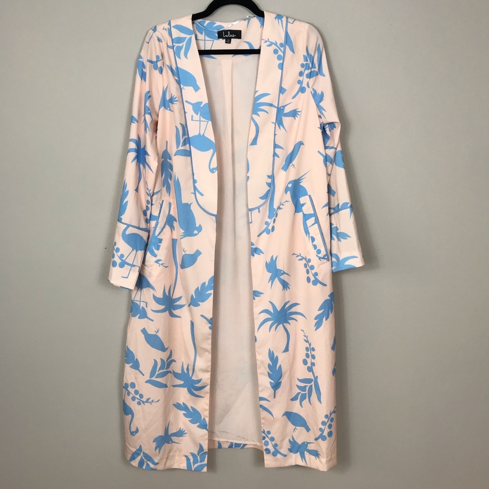 Lulus Peach Blue Bird Palm Tree Duster Kimono Robe